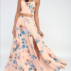 Lulu’s Barefoot at the Beach Light Peach Print Two Piece Maxi Dress